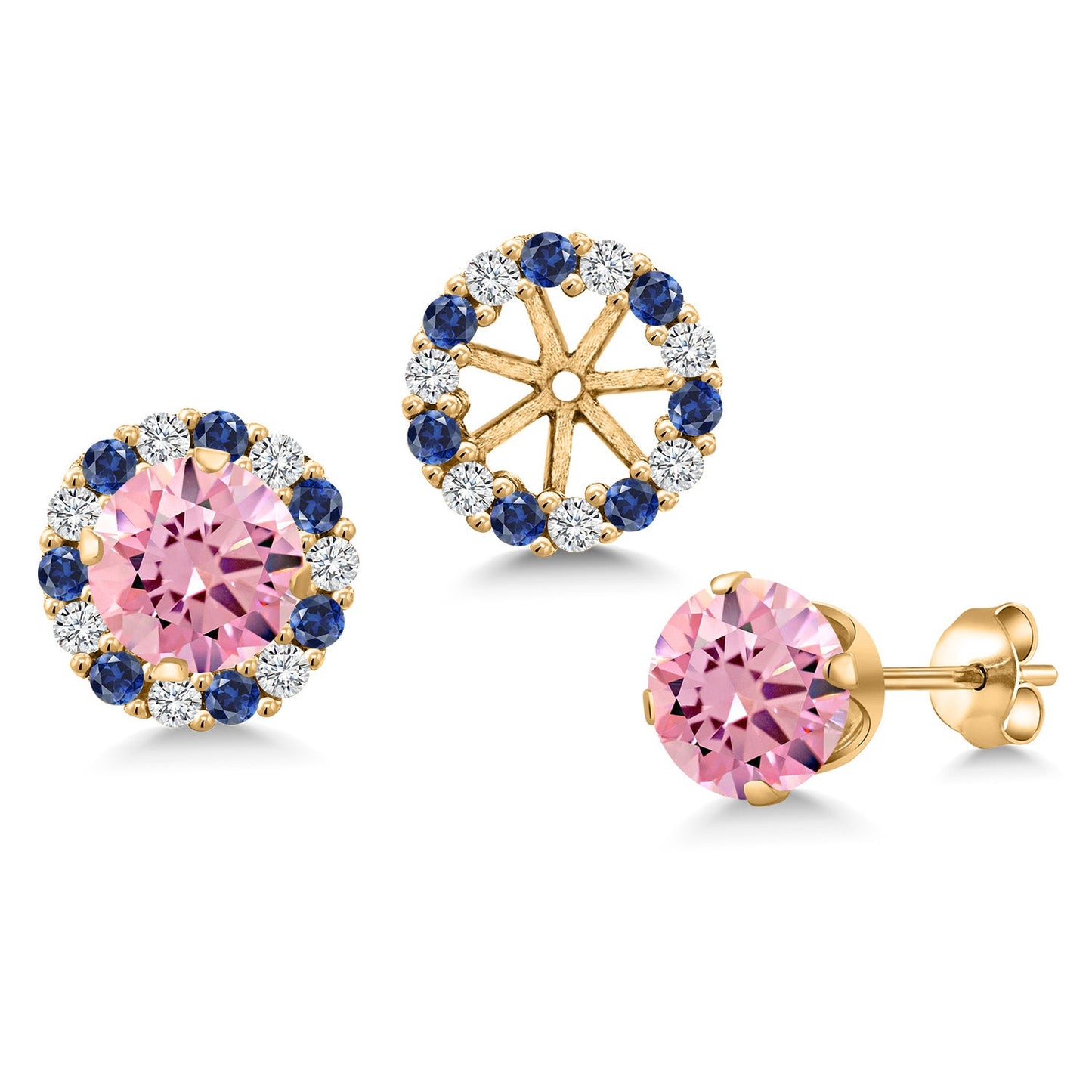 18K Yellow Gold Plated 6MM Round Gemstone Birthstone Halo Stud Earrings for Women with Removable Jackets