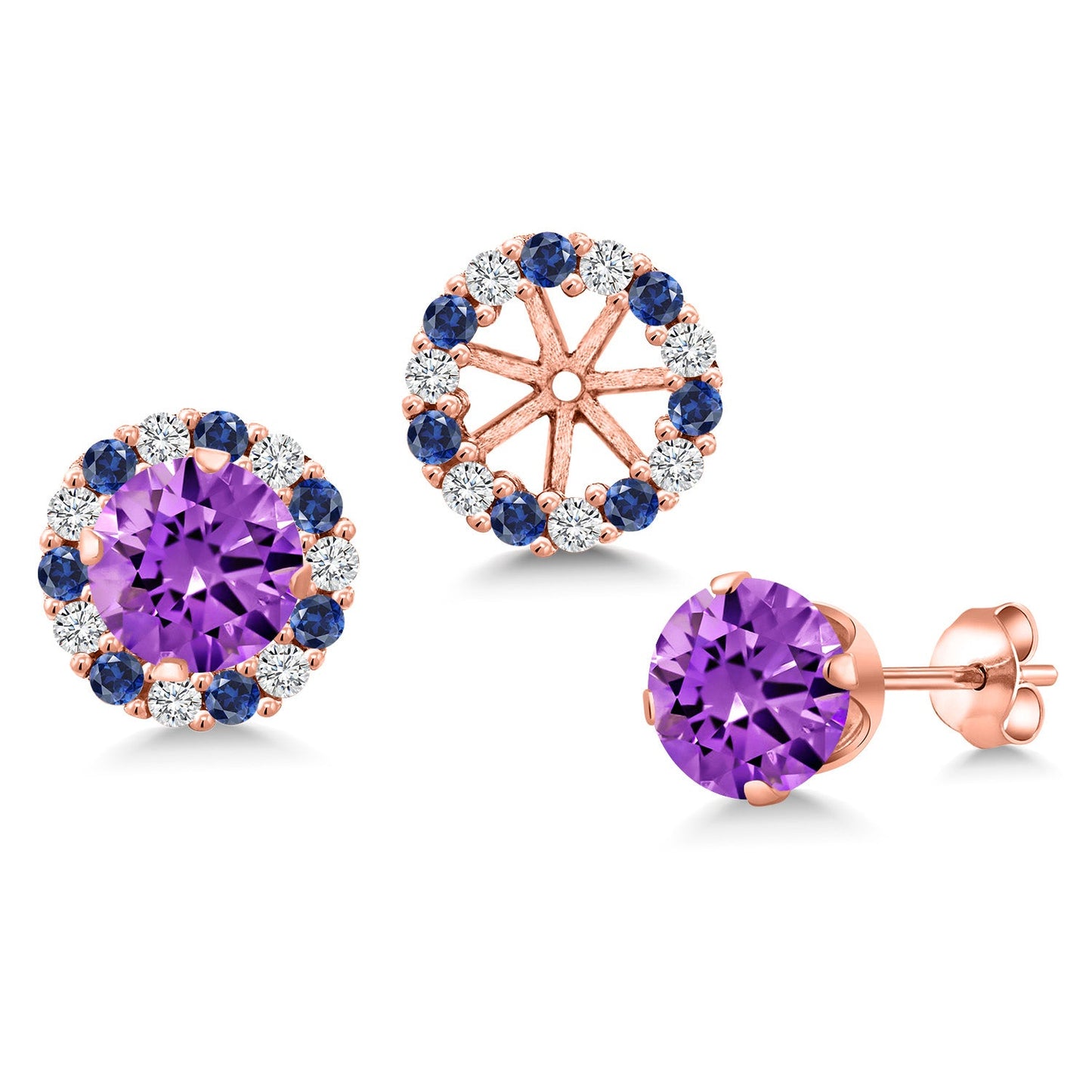18K Rose Gold Plated Silver 6MM Round Gemstone Birthstone Halo Stud Earrings for Women with Removable Jackets