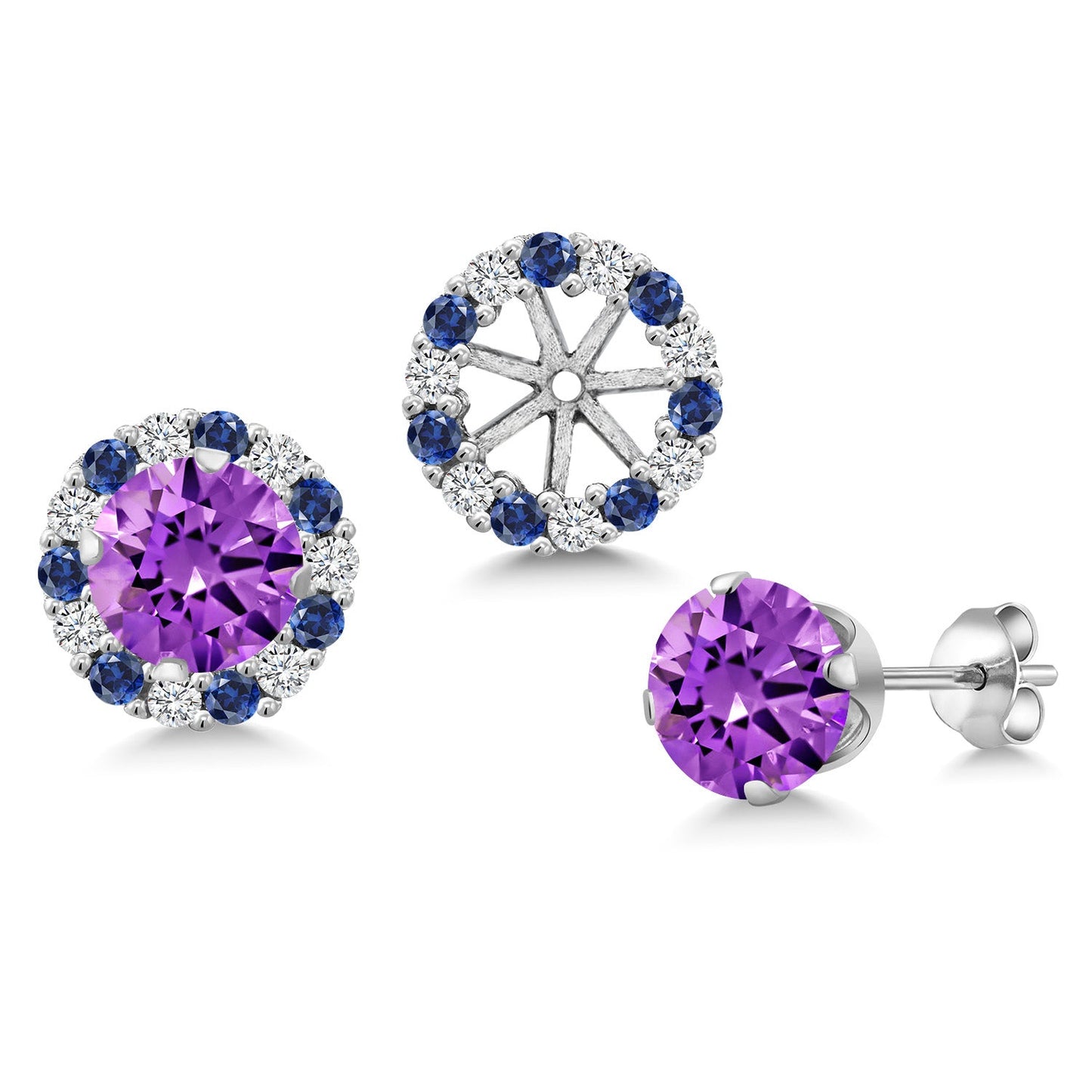 925 Sterling Silver 6MM Round Gemstone Birthstone Halo Stud Earrings for Women with Removable Jackets