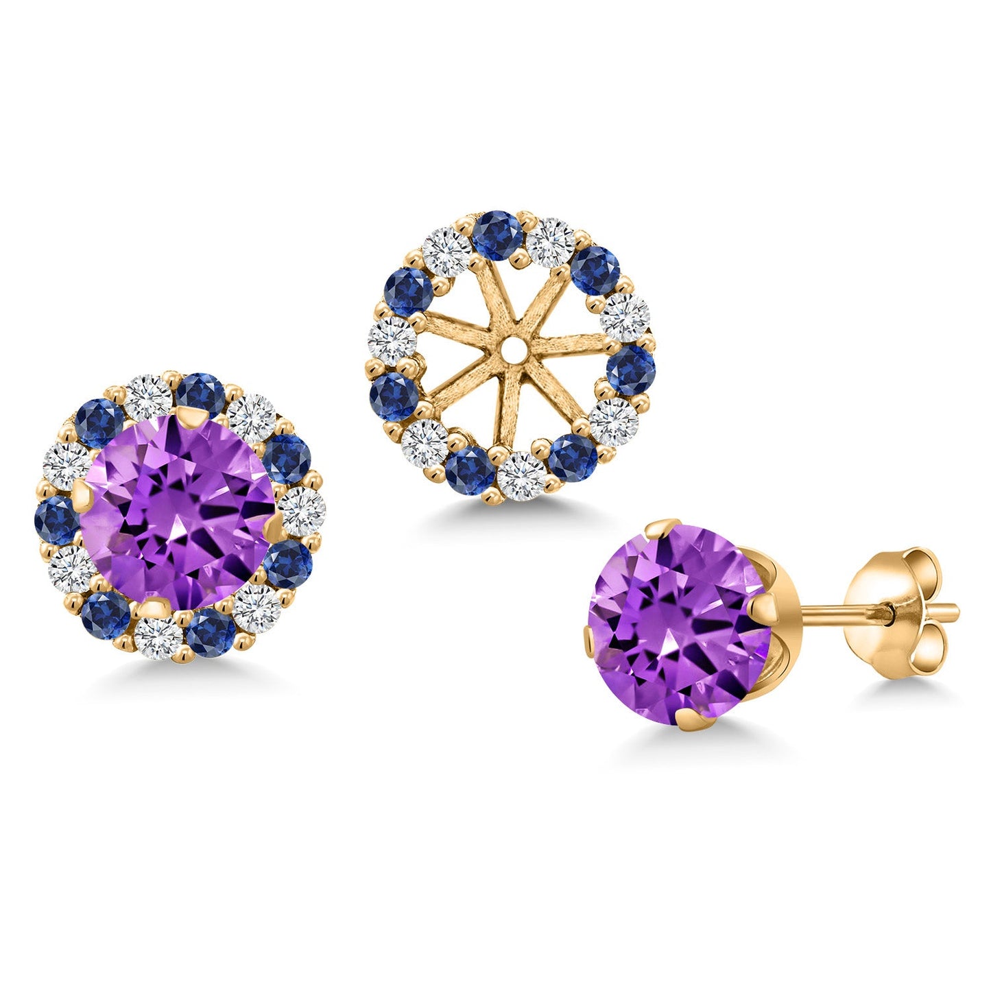 18K Yellow Gold Plated 6MM Round Gemstone Birthstone Halo Stud Earrings for Women with Removable Jackets