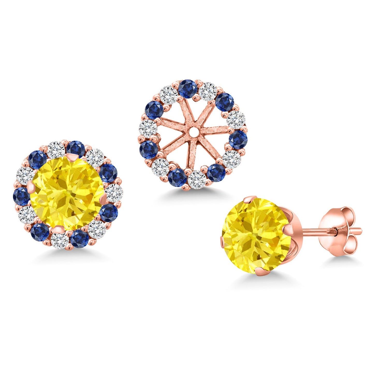18K Rose Gold Plated Silver 6MM Round Gemstone Birthstone Halo Stud Earrings for Women with Removable Jackets