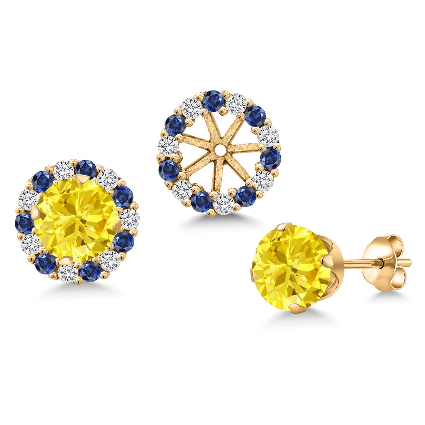 18K Yellow Gold Plated 6MM Round Gemstone Birthstone Halo Stud Earrings for Women with Removable Jackets
