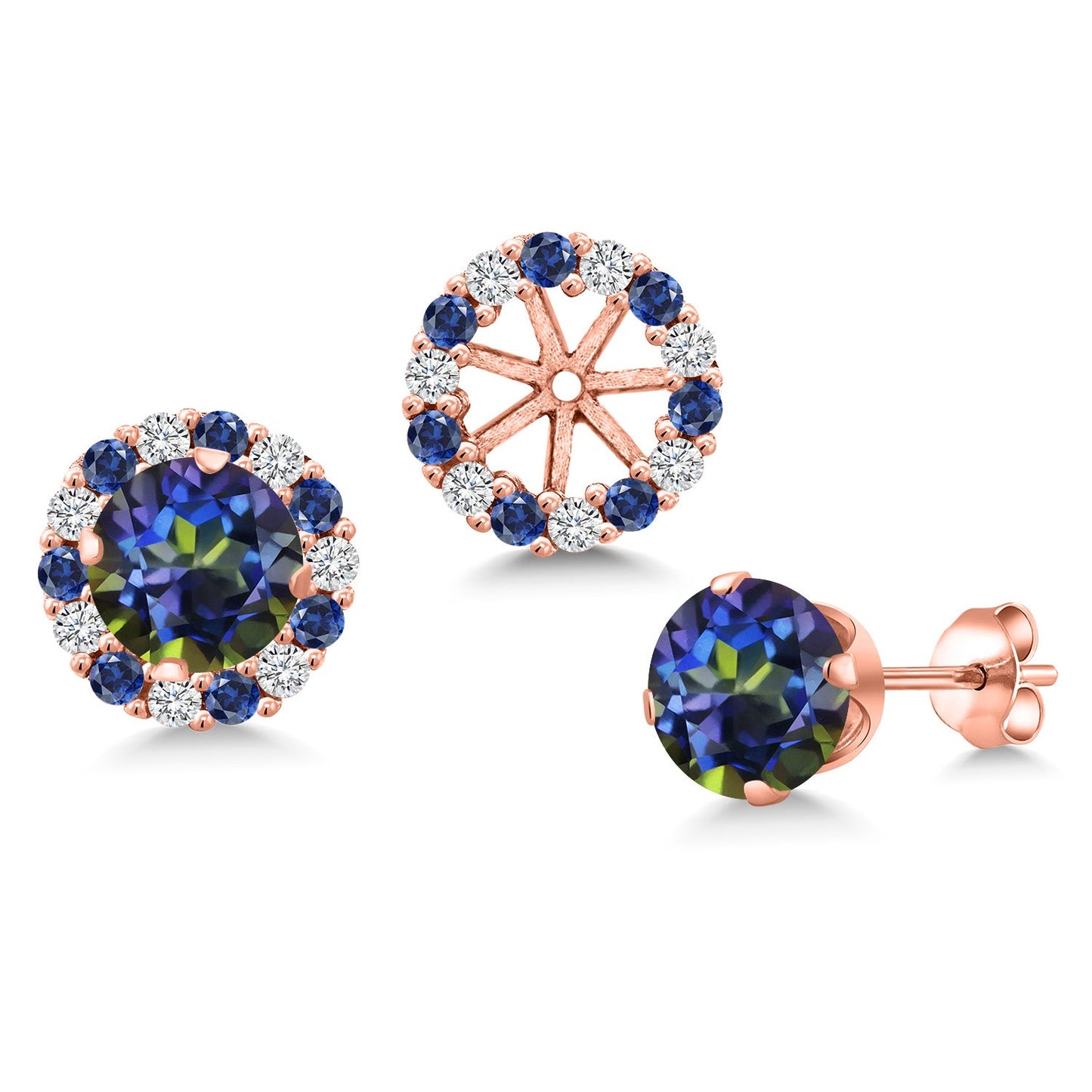 18K Rose Gold Plated Silver 6MM Round Gemstone Birthstone Halo Stud Earrings for Women with Removable Jackets