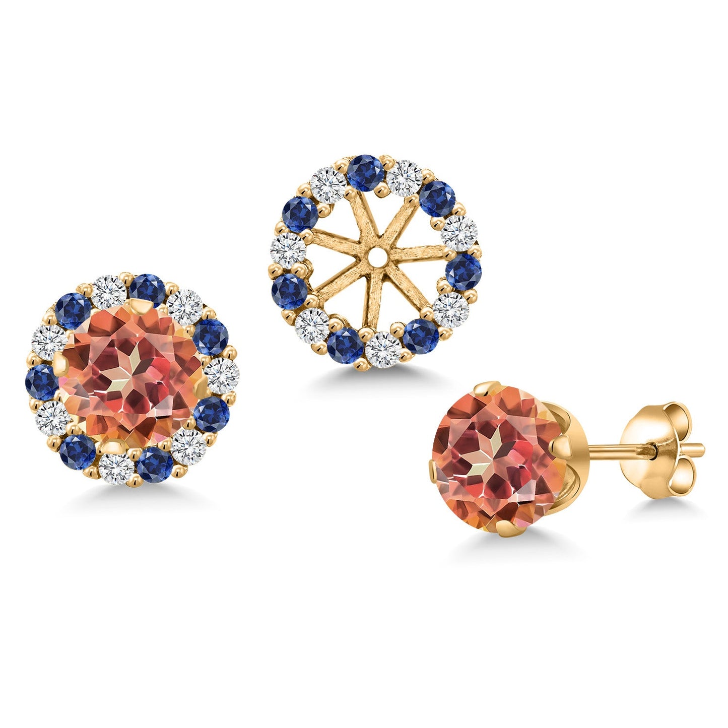18K Yellow Gold Plated 6MM Round Gemstone Birthstone Halo Stud Earrings for Women with Removable Jackets