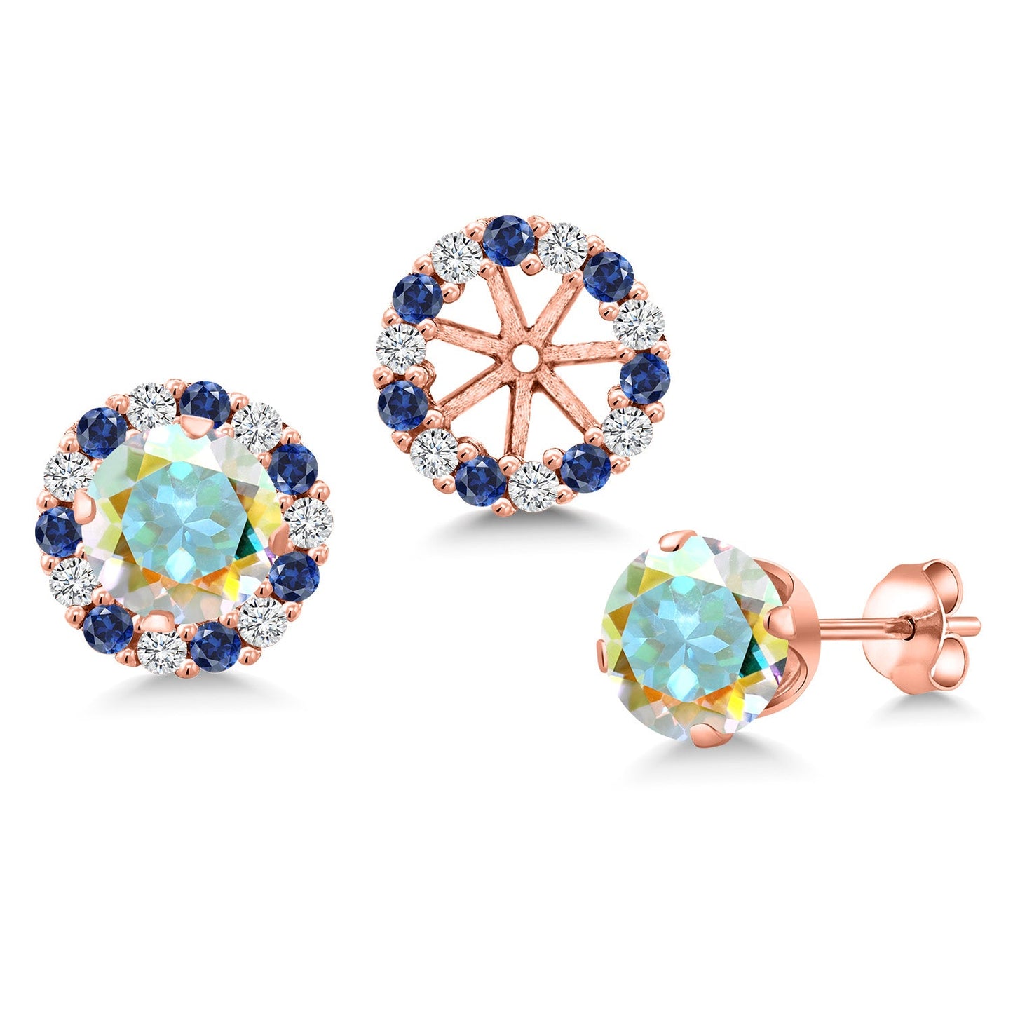 18K Rose Gold Plated Silver 6MM Round Gemstone Birthstone Halo Stud Earrings for Women with Removable Jackets