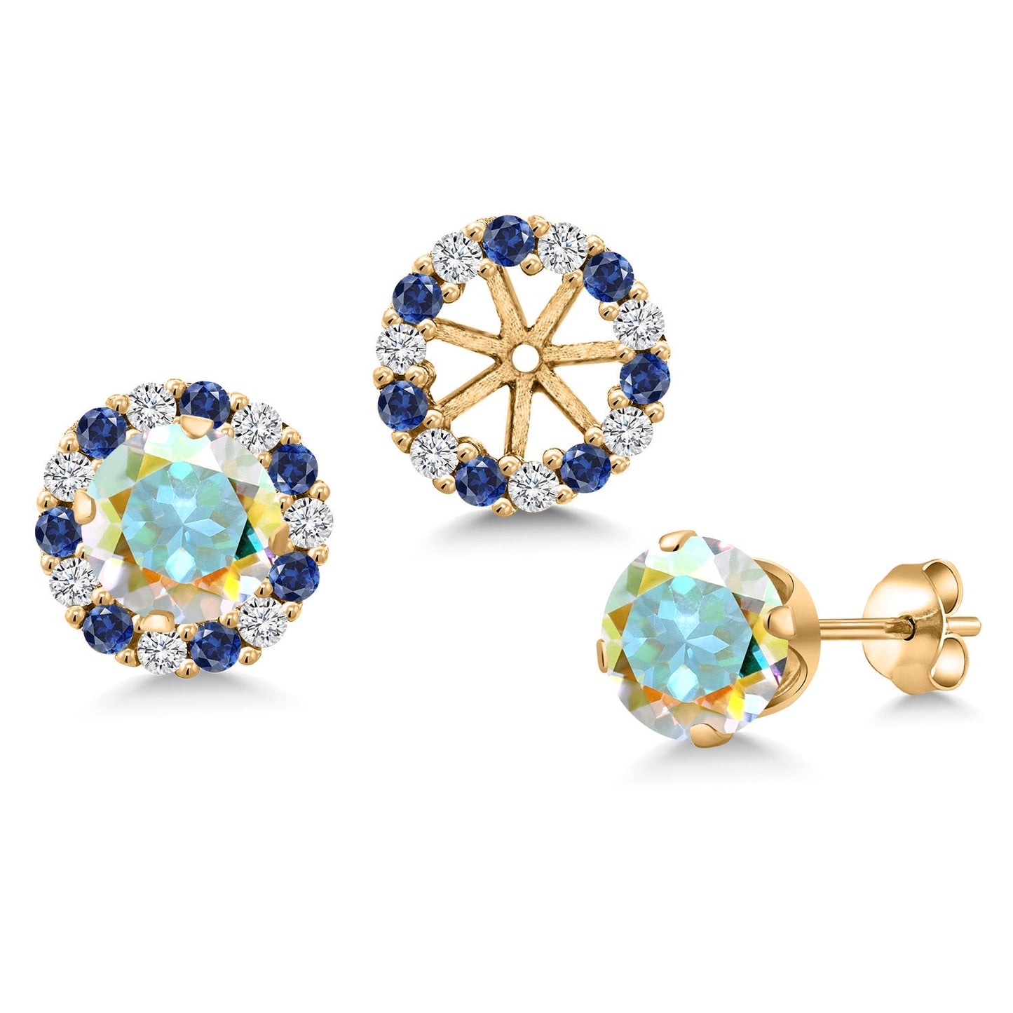 18K Yellow Gold Plated 6MM Round Gemstone Birthstone Halo Stud Earrings for Women with Removable Jackets