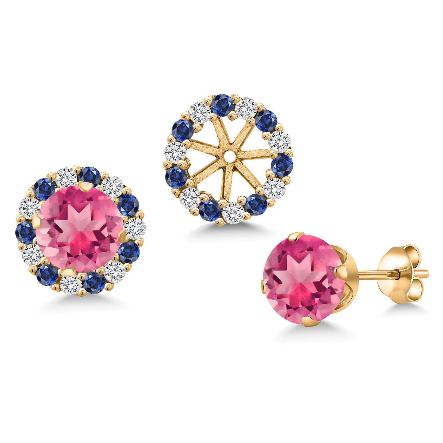 18K Yellow Gold Plated 6MM Round Gemstone Birthstone Halo Stud Earrings for Women with Removable Jackets