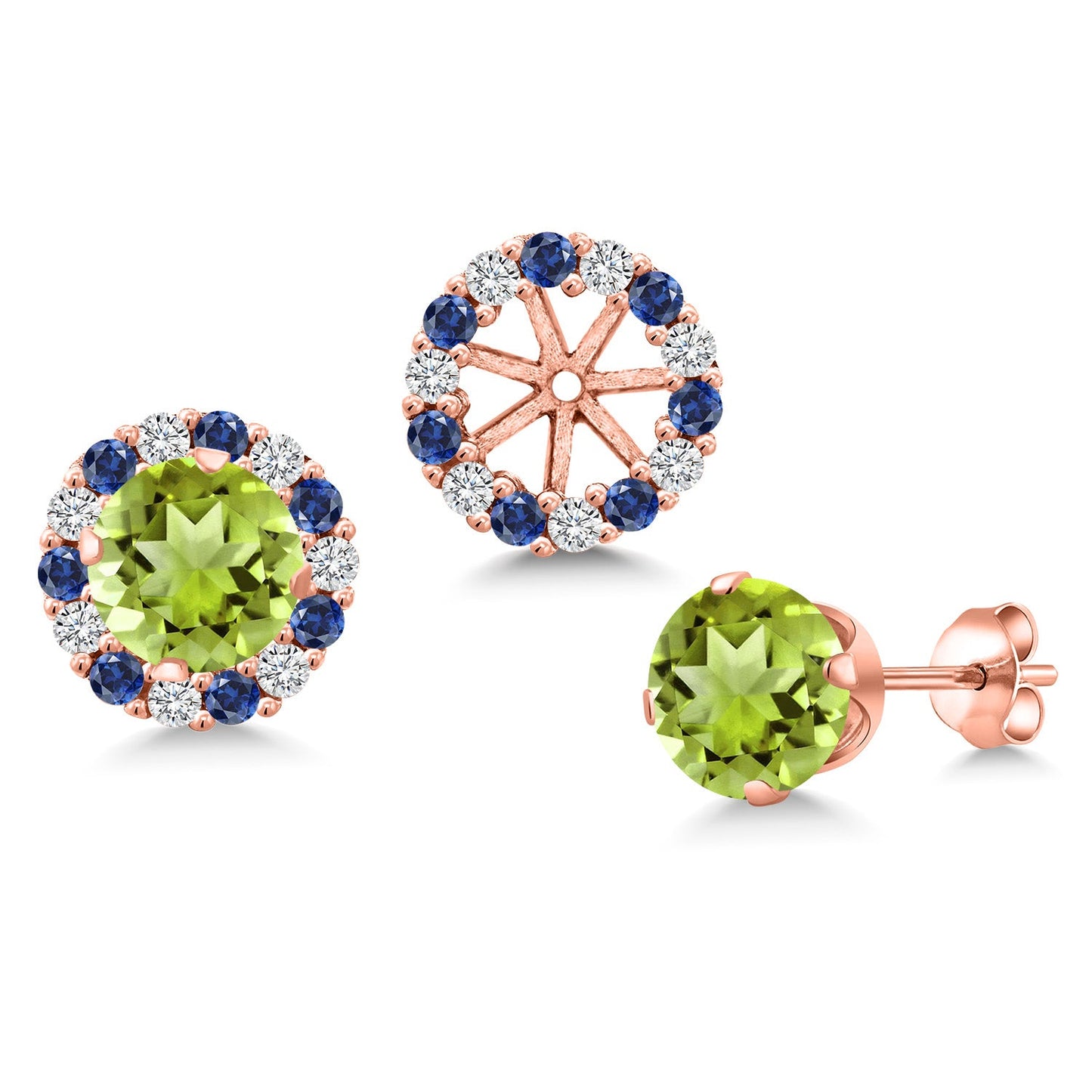 18K Rose Gold Plated Silver 6MM Round Gemstone Birthstone Halo Stud Earrings for Women with Removable Jackets