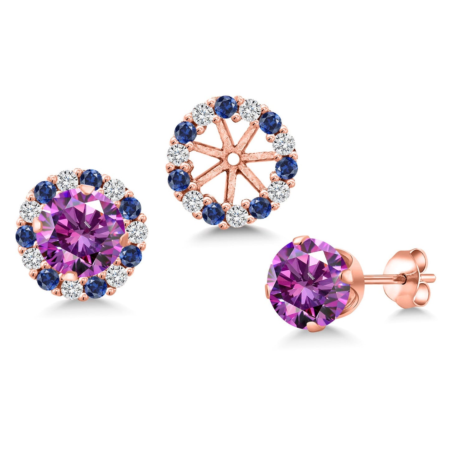 18K Rose Gold Plated Silver 6MM Round Gemstone Birthstone Halo Stud Earrings for Women with Removable Jackets