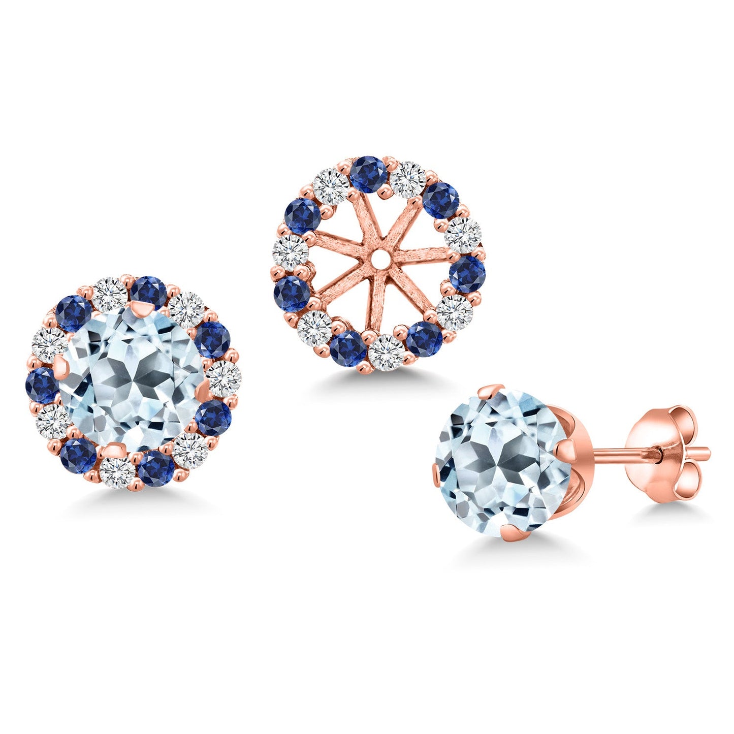 18K Rose Gold Plated Silver 6MM Round Gemstone Birthstone Halo Stud Earrings for Women with Removable Jackets