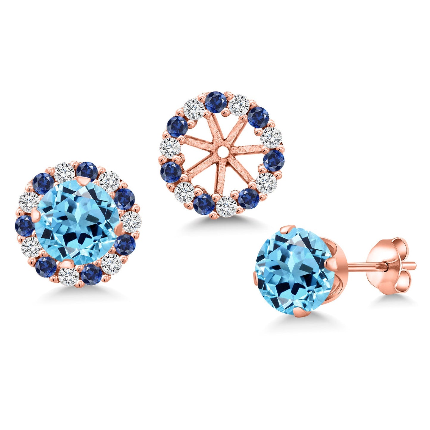 18K Rose Gold Plated Silver 6MM Round Gemstone Birthstone Halo Stud Earrings for Women with Removable Jackets