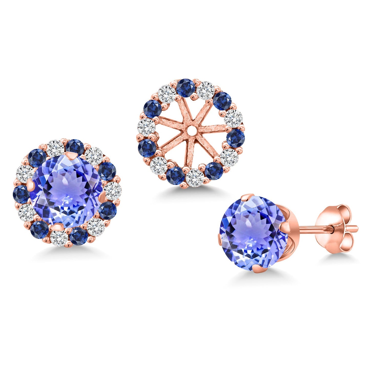 18K Rose Gold Plated Silver 6MM Round Gemstone Birthstone Halo Stud Earrings for Women with Removable Jackets