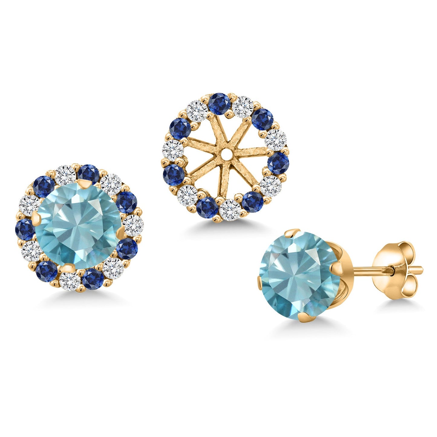 18K Yellow Gold Plated 6MM Round Gemstone Birthstone Halo Stud Earrings for Women with Removable Jackets