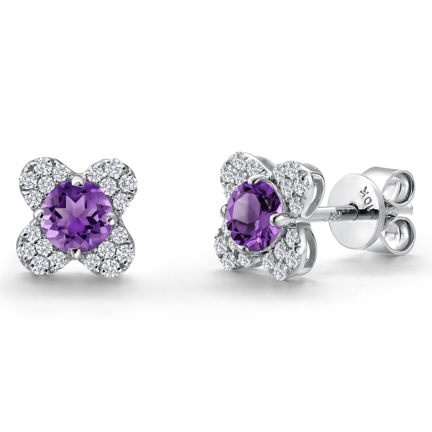 10K White Gold 4MM Round Gemstone Birthstone and White Lab Grown Diamond Flower Stud Earrings | Gold Earrings For Women