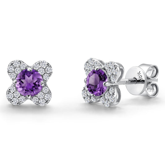 10K White Gold 4MM Round Gemstone Birthstone and White Lab Grown Diamond Flower Stud Earrings | Gold Earrings For Women