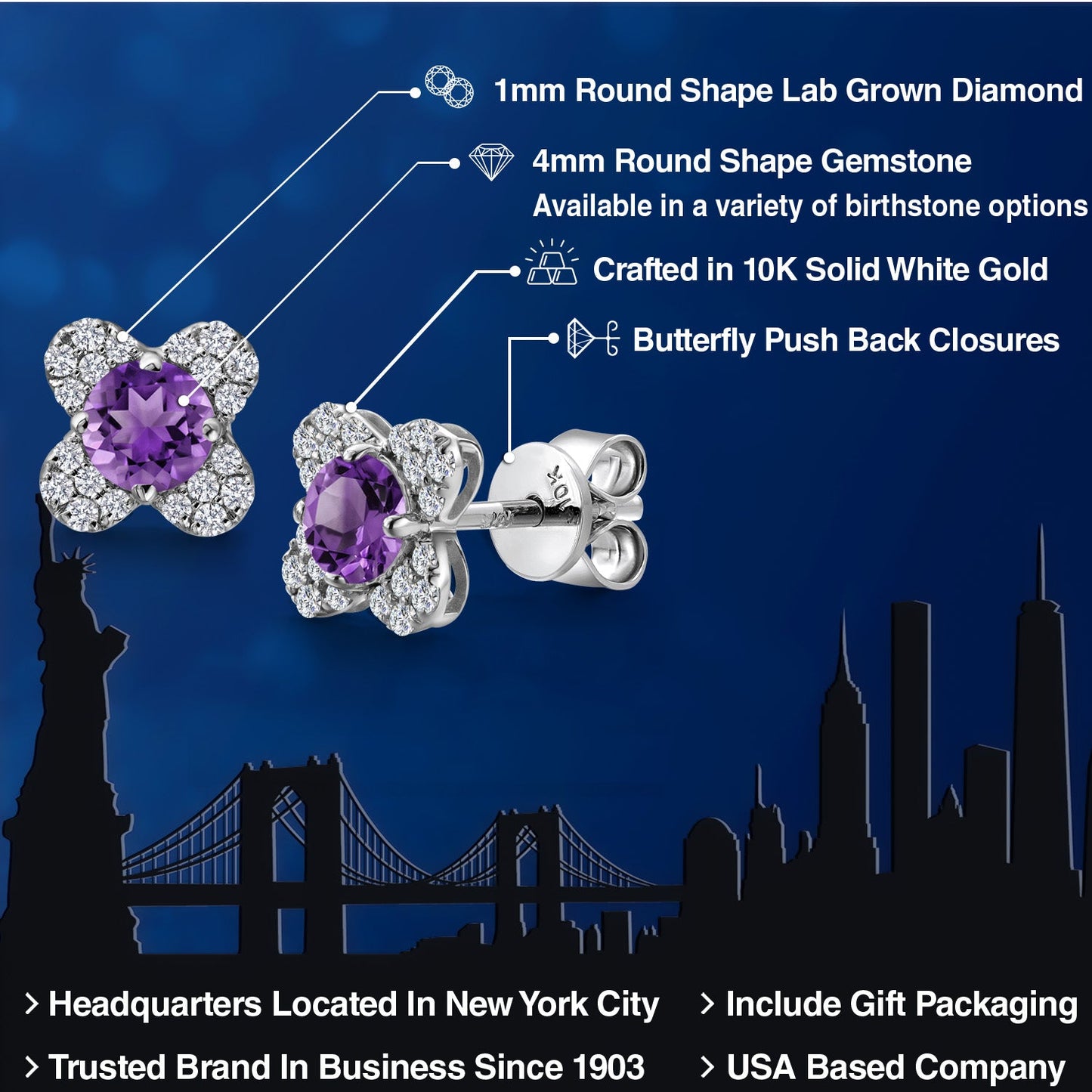 10K White Gold 4MM Round Gemstone Birthstone and White Lab Grown Diamond Flower Stud Earrings | Gold Earrings For Women