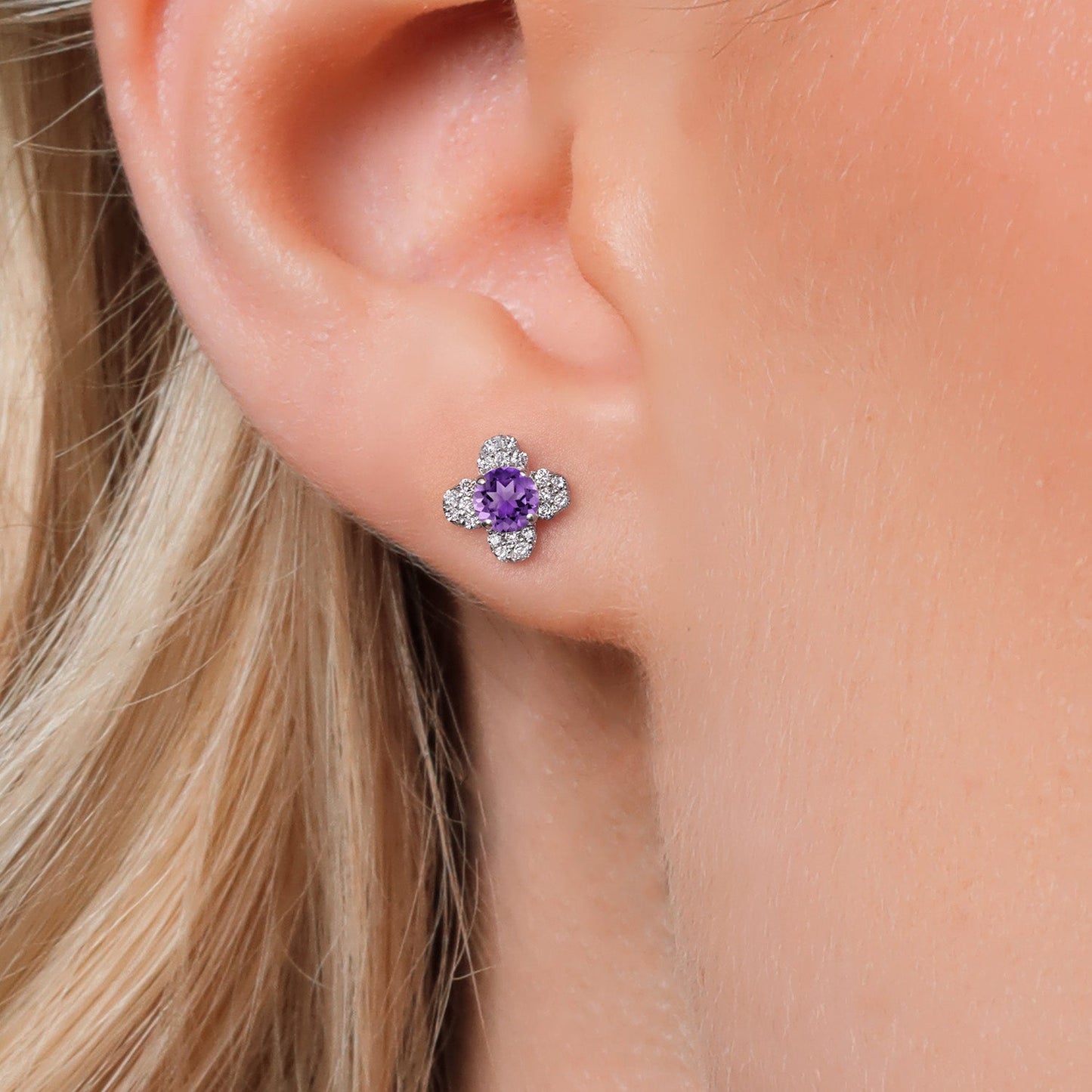 10K White Gold 4MM Round Gemstone Birthstone and White Lab Grown Diamond Flower Stud Earrings | Gold Earrings For Women