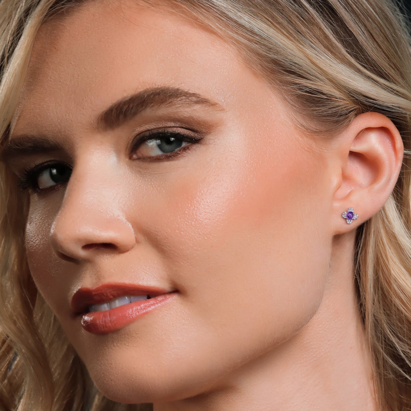 10K White Gold 4MM Round Gemstone Birthstone and White Lab Grown Diamond Flower Stud Earrings | Gold Earrings For Women