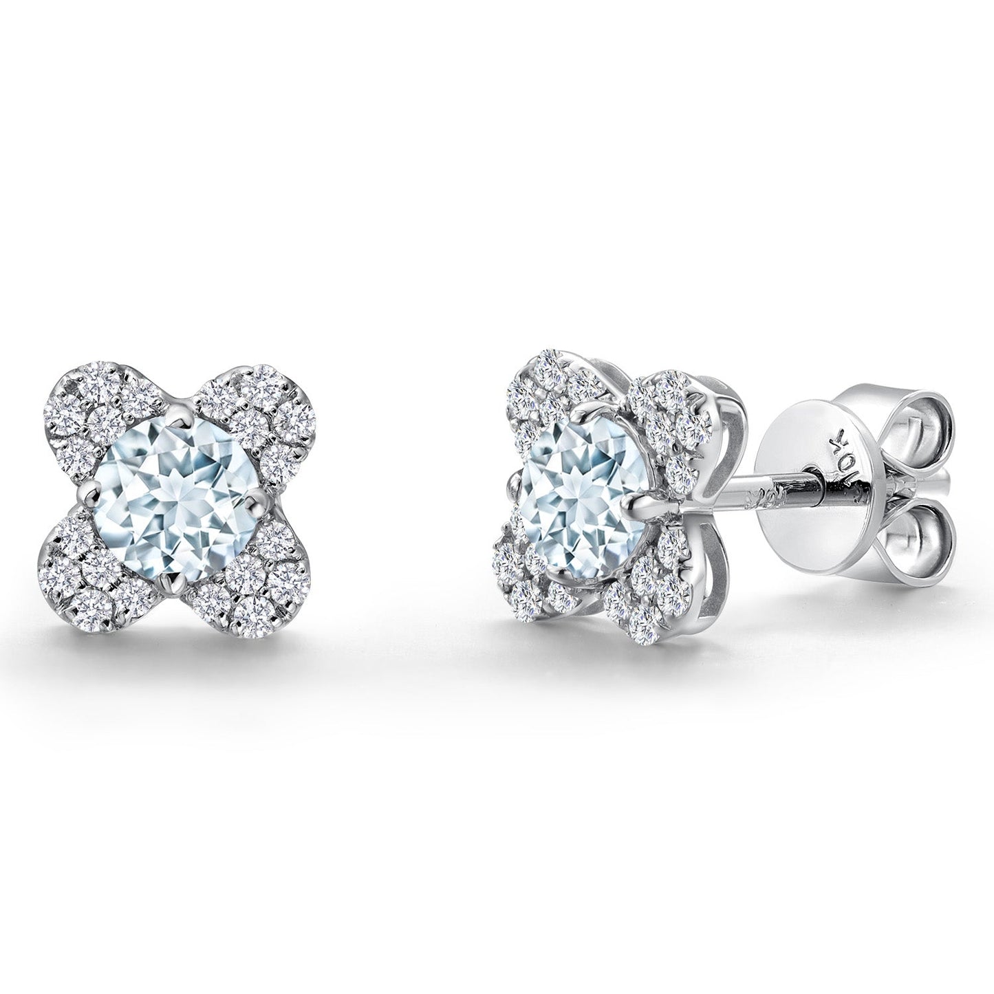 10K White Gold 4MM Round Gemstone Birthstone and White Lab Grown Diamond Flower Stud Earrings | Gold Earrings For Women