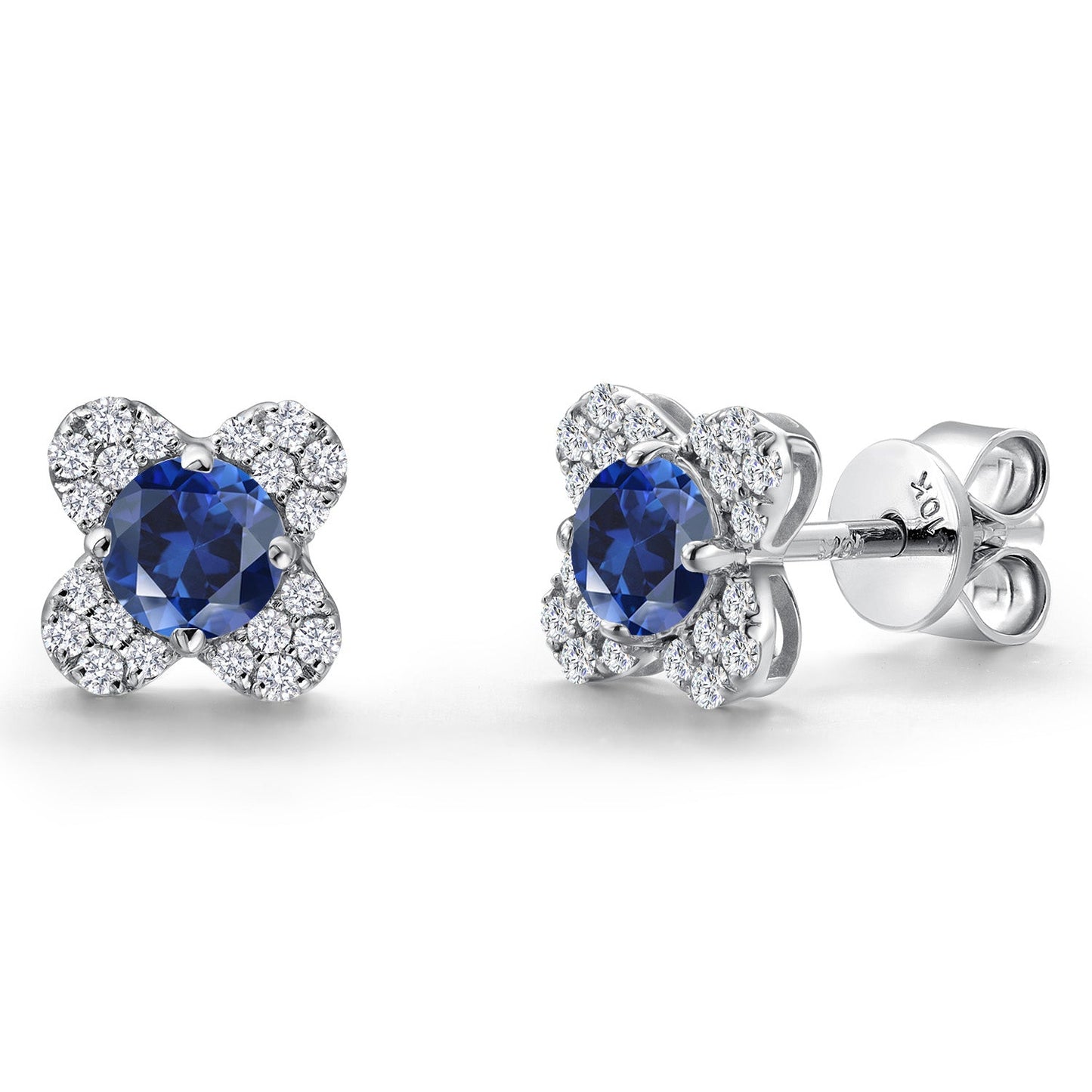 10K White Gold 4MM Round Gemstone Birthstone and White Lab Grown Diamond Flower Stud Earrings | Gold Earrings For Women