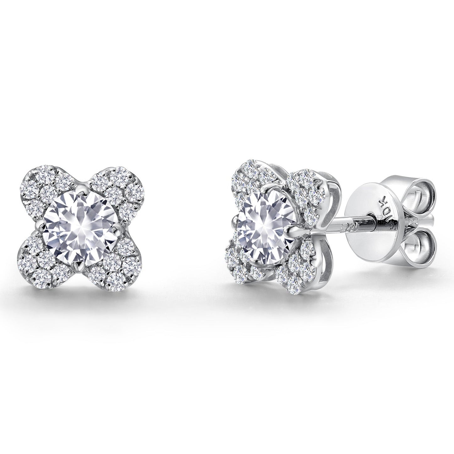 10K White Gold 4MM Round Gemstone Birthstone and White Lab Grown Diamond Flower Stud Earrings | Gold Earrings For Women