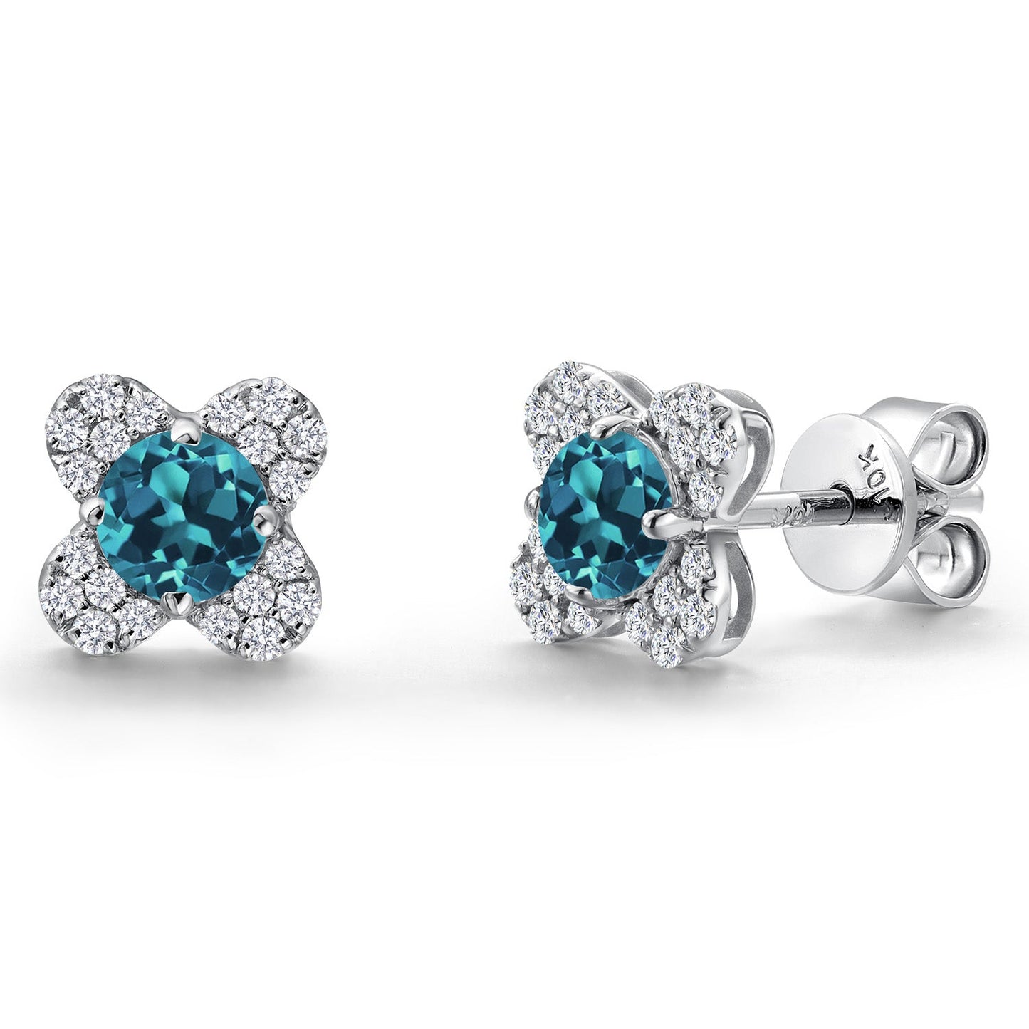 10K White Gold 4MM Round Gemstone Birthstone and White Lab Grown Diamond Flower Stud Earrings | Gold Earrings For Women