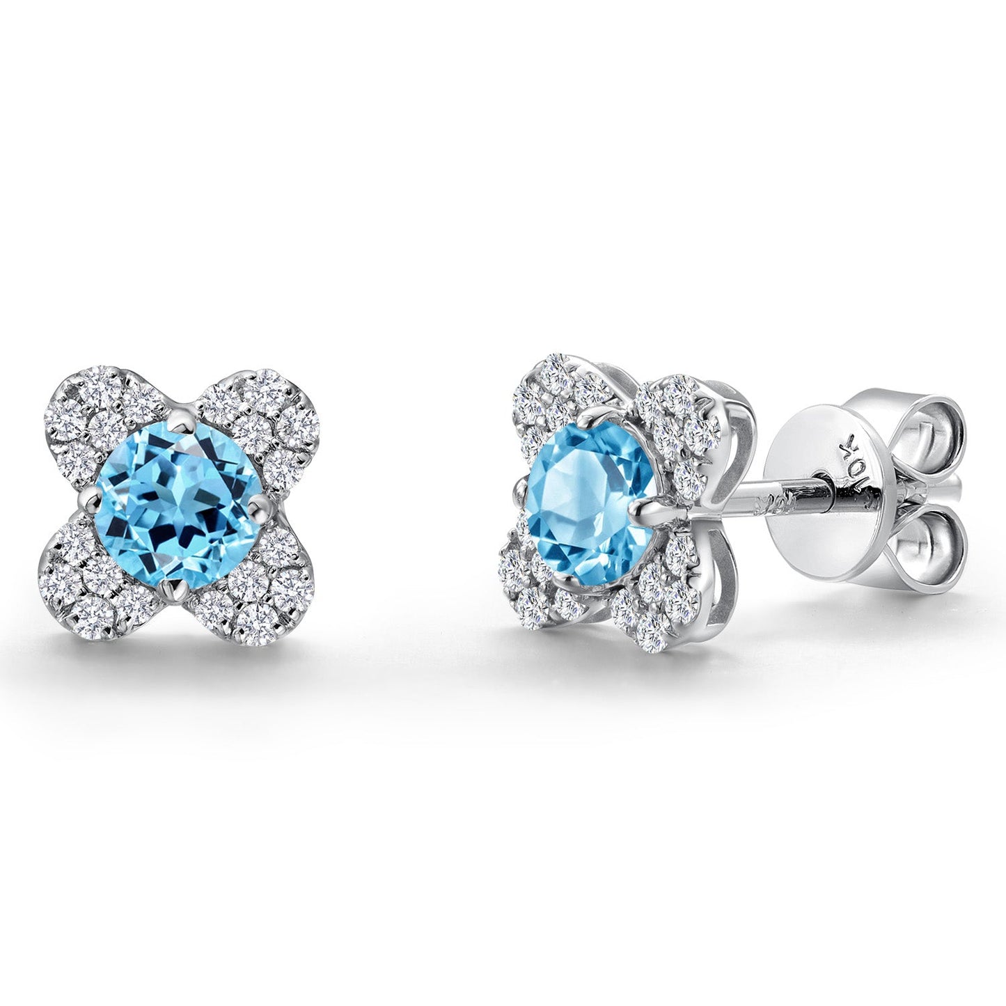 10K White Gold 4MM Round Gemstone Birthstone and White Lab Grown Diamond Flower Stud Earrings | Gold Earrings For Women