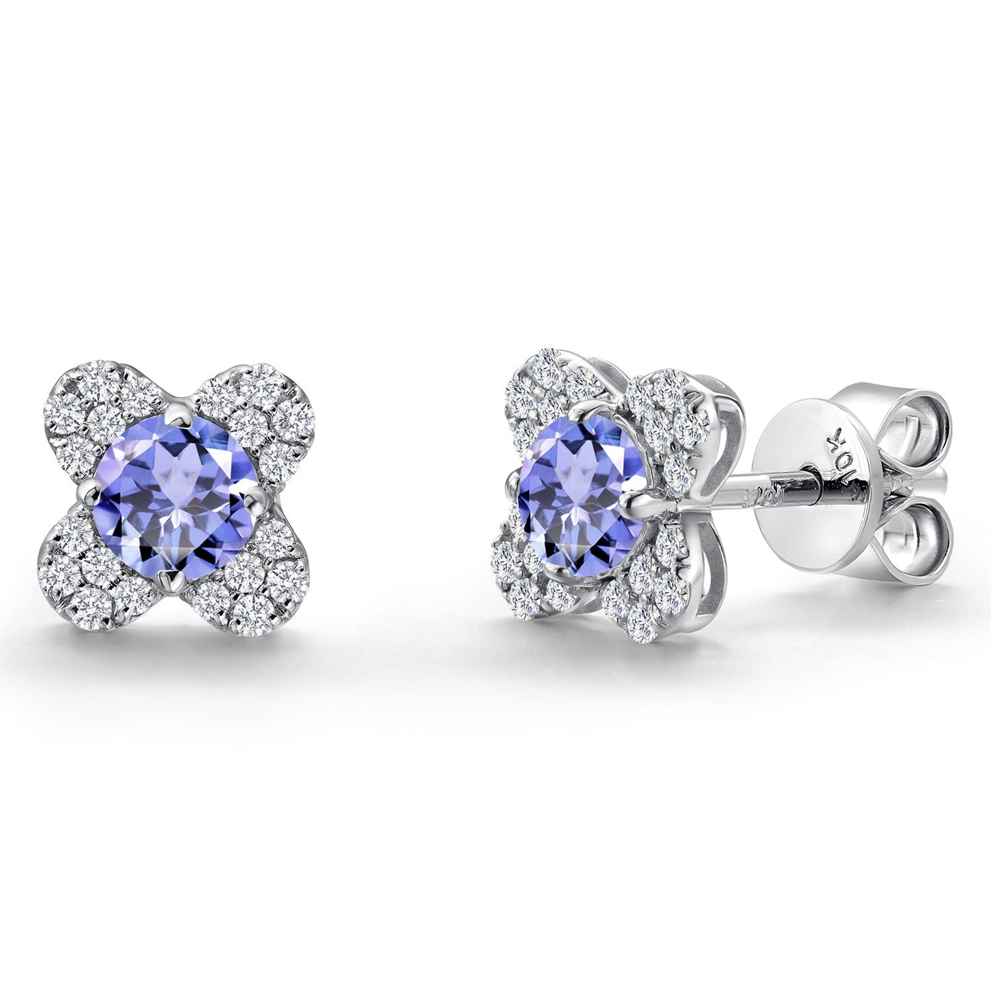 10K White Gold 4MM Round Gemstone Birthstone and White Lab Grown Diamond Flower Stud Earrings | Gold Earrings For Women