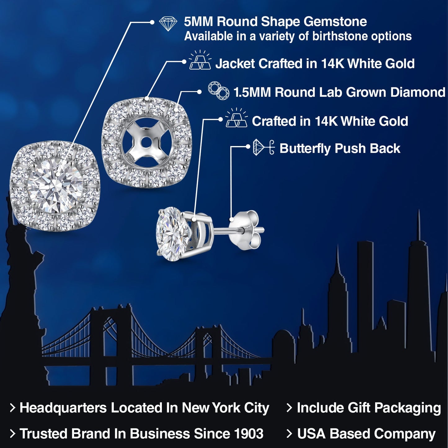 14K White Gold 5MM Round Gemstone Birthstone Stud Earrings with Removable Jackets and Lab Grown Diamond Accents | Gold Earrings For Women | Fine Jewelry Gifts for Her Mom Women Wife