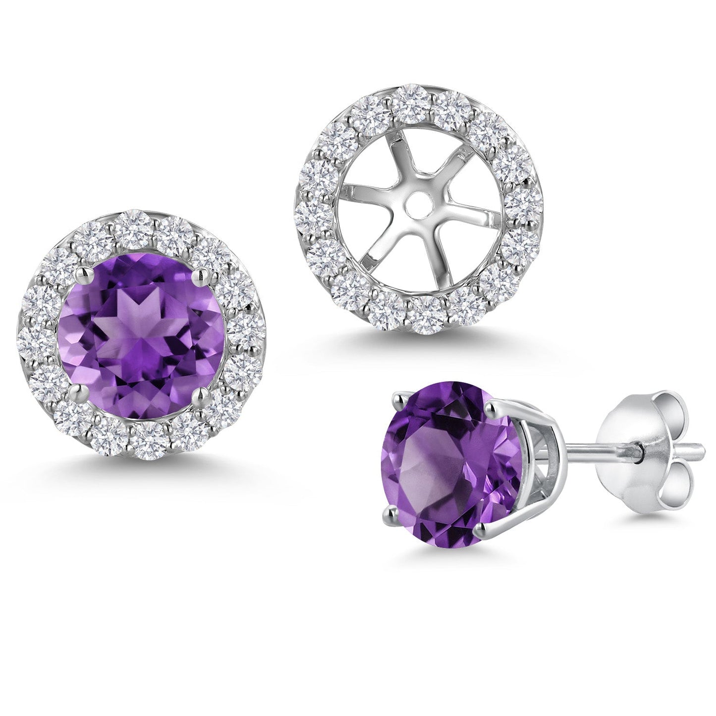 14K White Gold 6MM Round Gemstone Birthstone Stud Earrings with Removable Jackets and Lab Grown Diamond Accents | Gold Earrings For Women | Fine Jewelry Gifts for Her Mom Women Wife