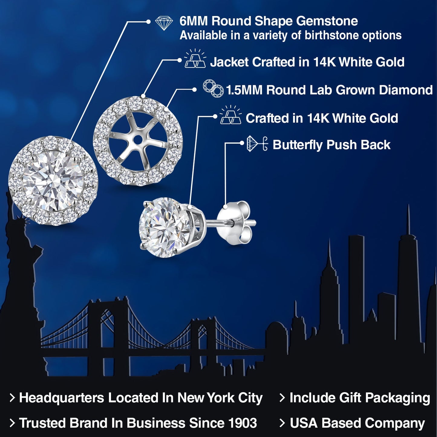 14K White Gold 6MM Round Gemstone Birthstone Stud Earrings with Removable Jackets and Lab Grown Diamond Accents | Gold Earrings For Women | Fine Jewelry Gifts for Her Mom Women Wife