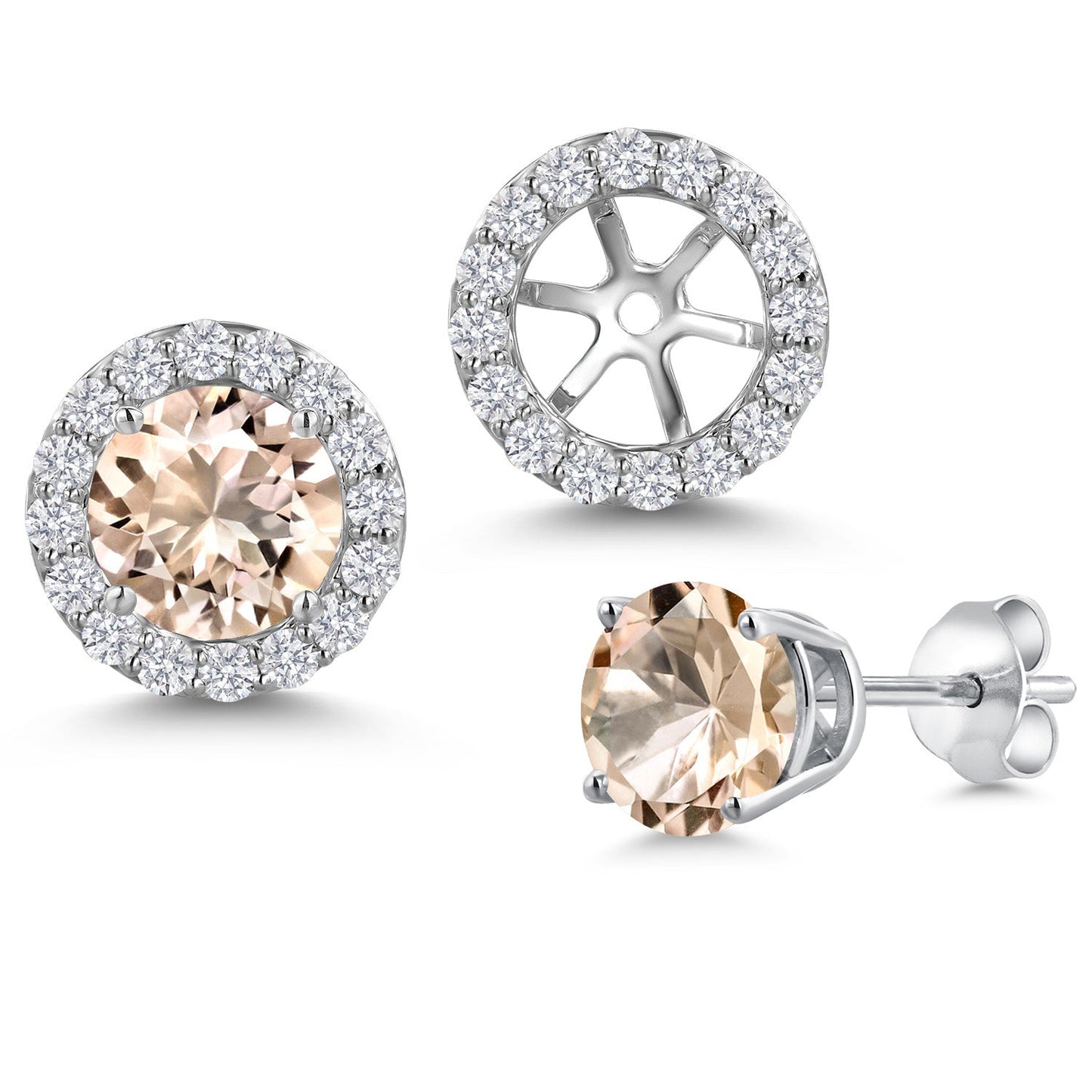 14K White Gold 6MM Round Gemstone Birthstone Stud Earrings with Removable Jackets and Lab Grown Diamond Accents | Gold Earrings For Women | Fine Jewelry Gifts for Her Mom Women Wife