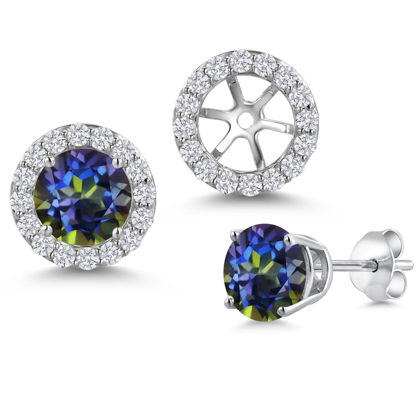 14K White Gold 6MM Round Gemstone Birthstone Stud Earrings with Removable Jackets and Lab Grown Diamond Accents | Gold Earrings For Women | Fine Jewelry Gifts for Her Mom Women Wife