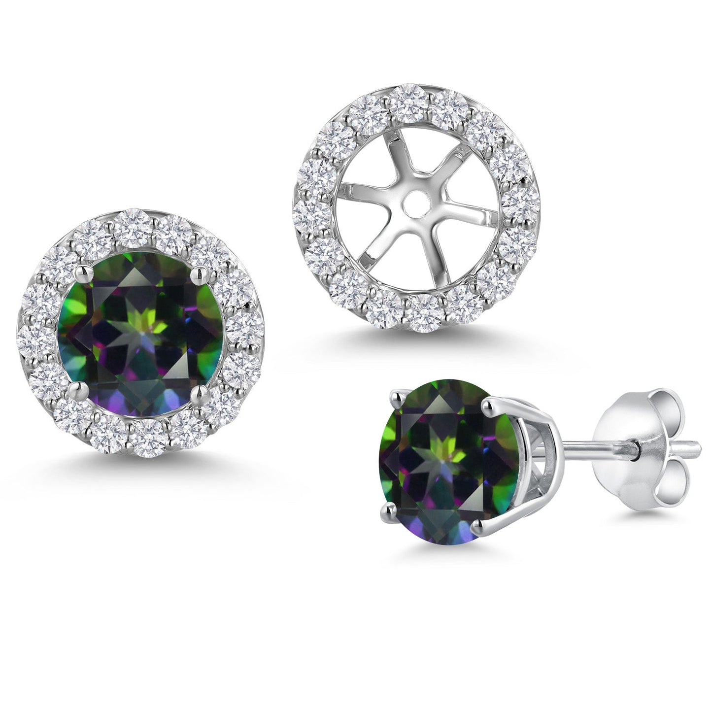 14K White Gold 6MM Round Gemstone Birthstone Stud Earrings with Removable Jackets and Lab Grown Diamond Accents | Gold Earrings For Women | Fine Jewelry Gifts for Her Mom Women Wife