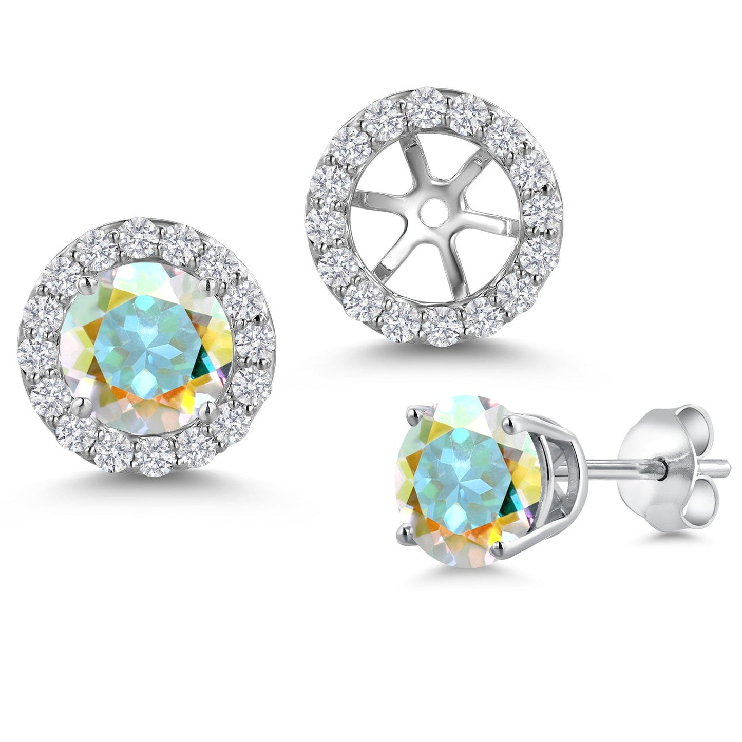 14K White Gold 6MM Round Gemstone Birthstone Stud Earrings with Removable Jackets and Lab Grown Diamond Accents | Gold Earrings For Women | Fine Jewelry Gifts for Her Mom Women Wife