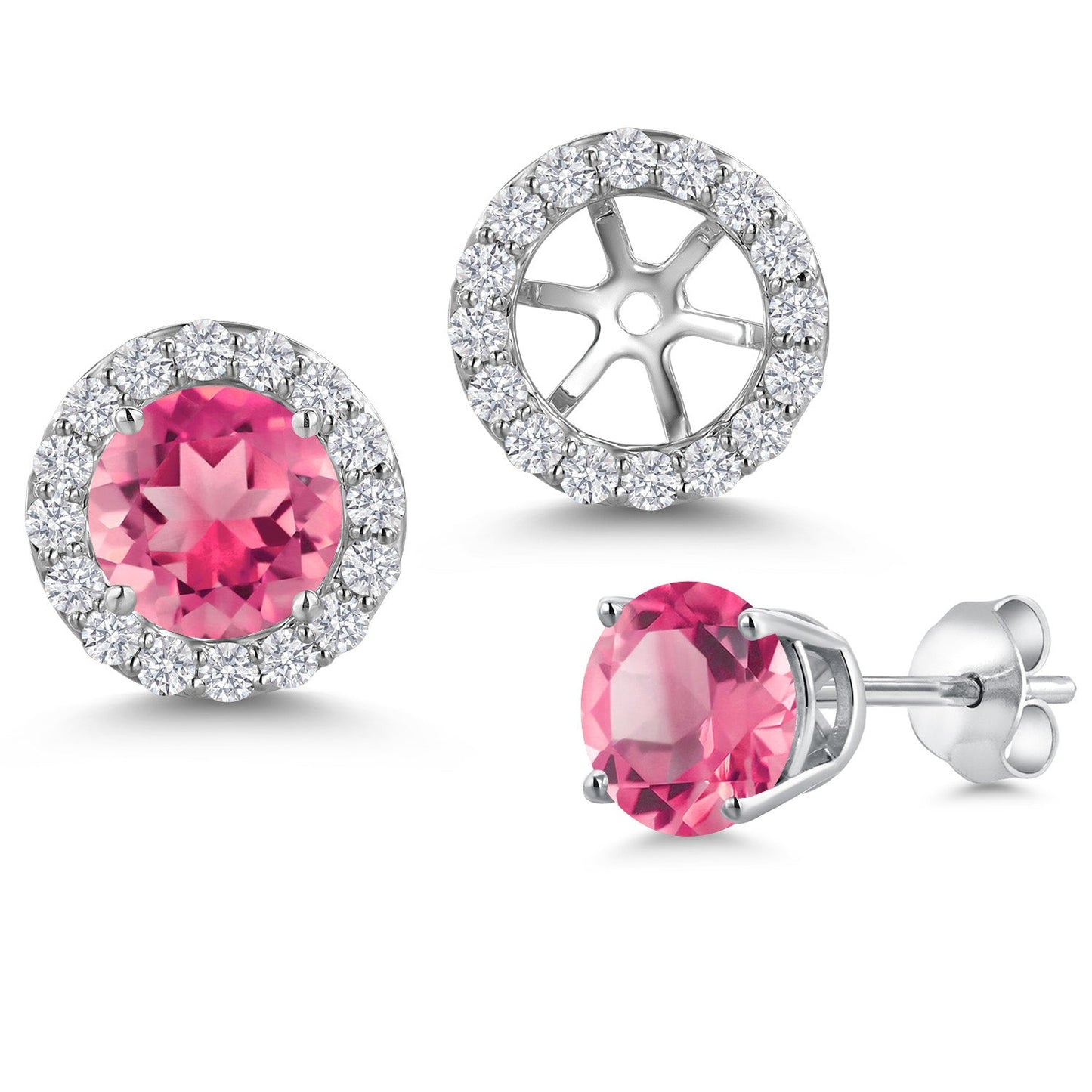 14K White Gold 6MM Round Gemstone Birthstone Stud Earrings with Removable Jackets and Lab Grown Diamond Accents | Gold Earrings For Women | Fine Jewelry Gifts for Her Mom Women Wife