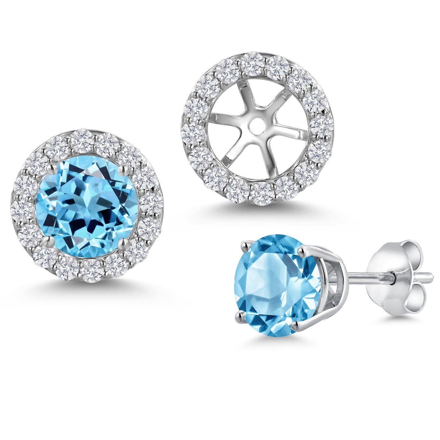 14K White Gold 6MM Round Gemstone Birthstone Stud Earrings with Removable Jackets and Lab Grown Diamond Accents | Gold Earrings For Women | Fine Jewelry Gifts for Her Mom Women Wife