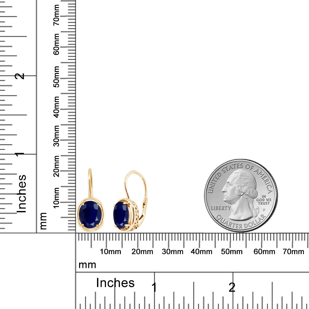 18K Yellow Gold Plated Silver Blue Sapphire Earrings | Oval 9X7MM Dangle Earrings for Women | 5.00 Cttw | Gold Earrings for Women