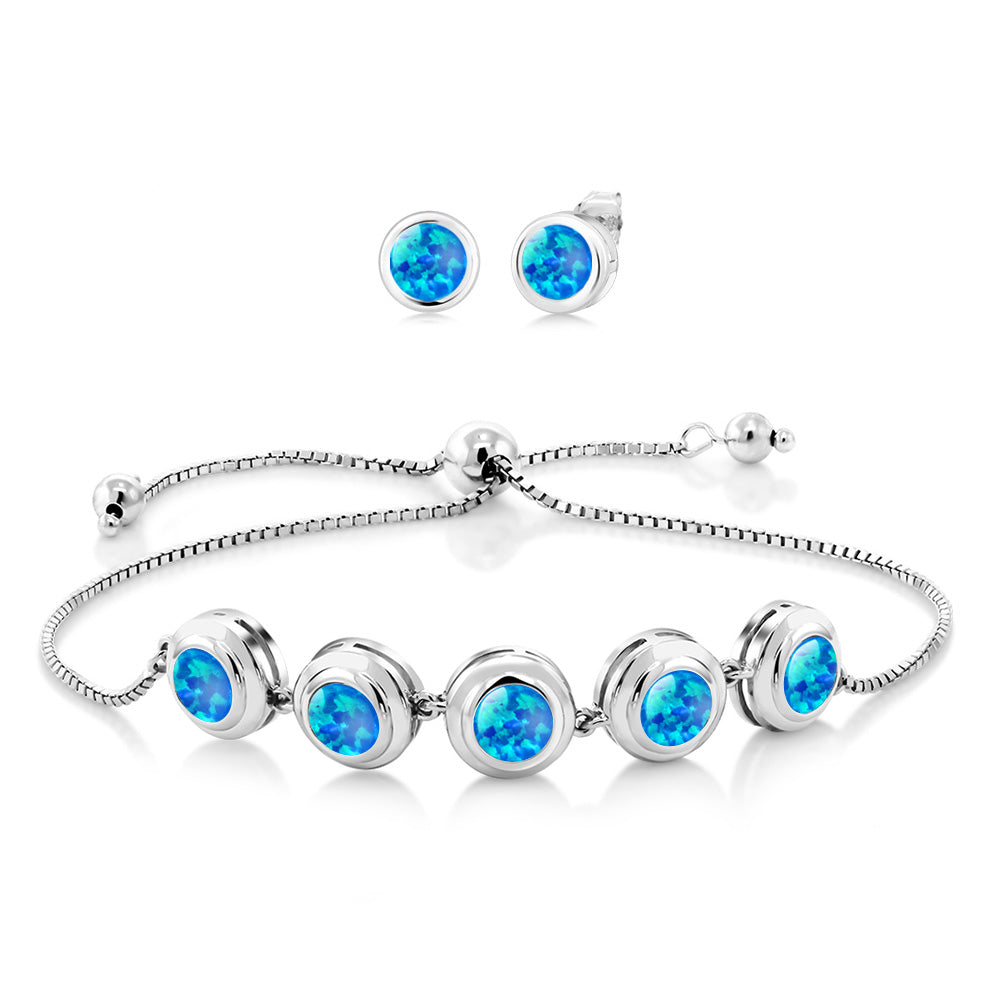 925 Sterling Silver Round Gemstone Birthstone Bracelet and Stud Earrings Jewelry Set For Women | Round 6MM | Adjustable Bolo Bracelet For Women | Easy-On Easy-Off