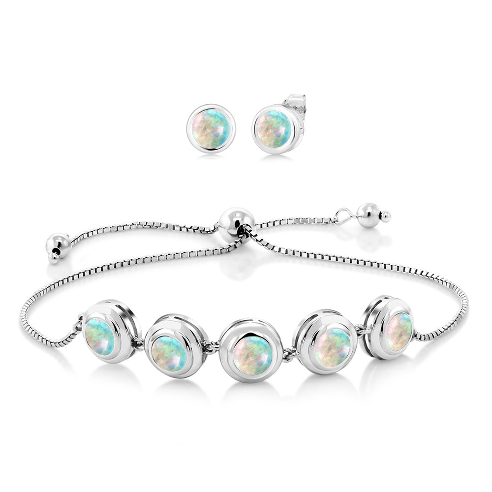 925 Sterling Silver Round Gemstone Birthstone Bracelet and Stud Earrings Jewelry Set For Women | Round 6MM | Adjustable Bolo Bracelet For Women | Easy-On Easy-Off