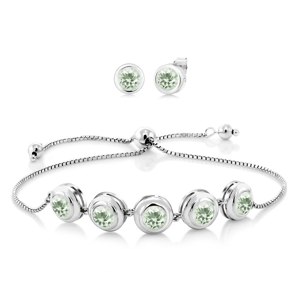 925 Sterling Silver Round Gemstone Birthstone Bracelet and Stud Earrings Jewelry Set For Women | Round 6MM | Adjustable Bolo Bracelet For Women | Easy-On Easy-Off