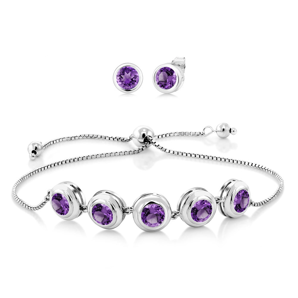 925 Sterling Silver Round Gemstone Birthstone Bracelet and Stud Earrings Jewelry Set For Women | Round 6MM | Adjustable Bolo Bracelet For Women | Easy-On Easy-Off