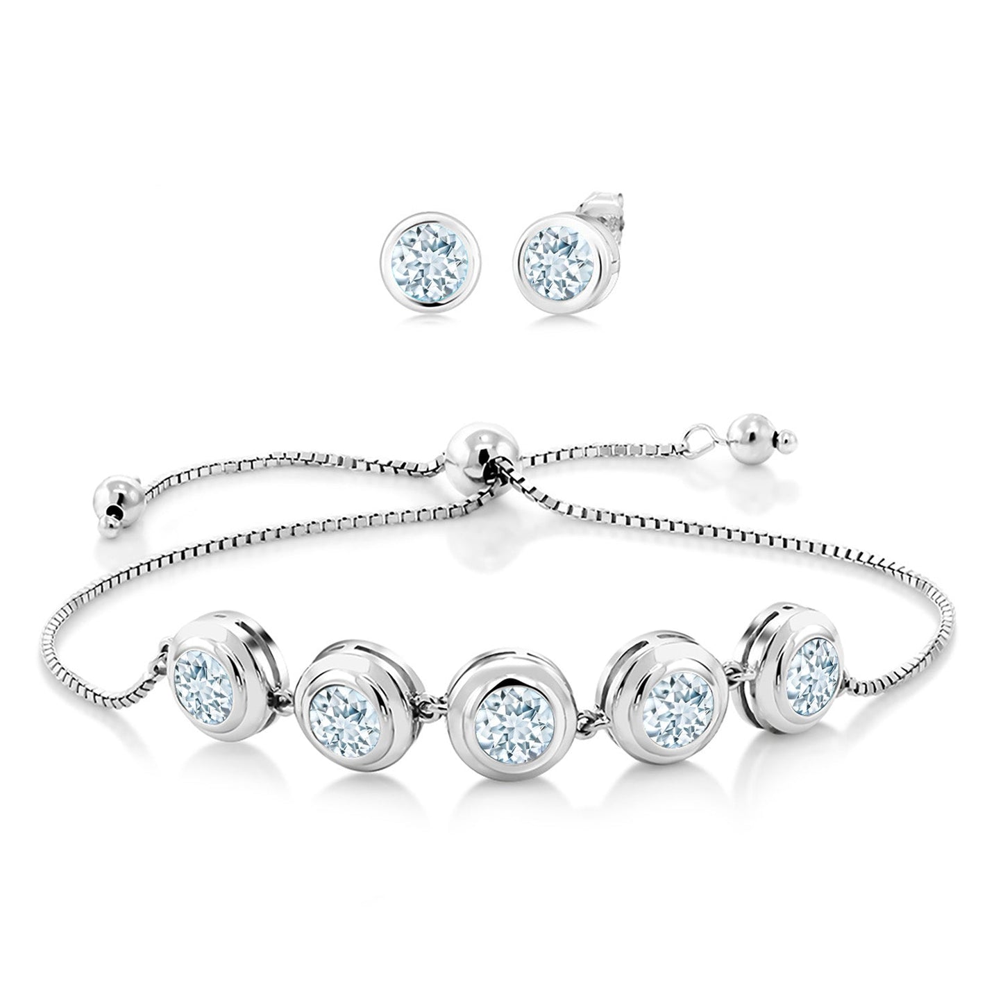 925 Sterling Silver Round Gemstone Birthstone Bracelet and Stud Earrings Jewelry Set For Women | Round 6MM | Adjustable Bolo Bracelet For Women | Easy-On Easy-Off
