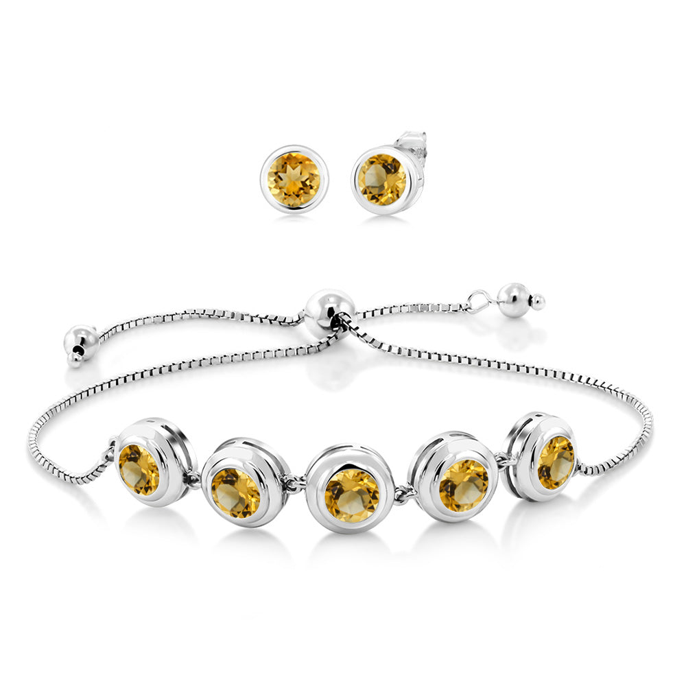925 Sterling Silver Round Gemstone Birthstone Bracelet and Stud Earrings Jewelry Set For Women | Round 6MM | Adjustable Bolo Bracelet For Women | Easy-On Easy-Off