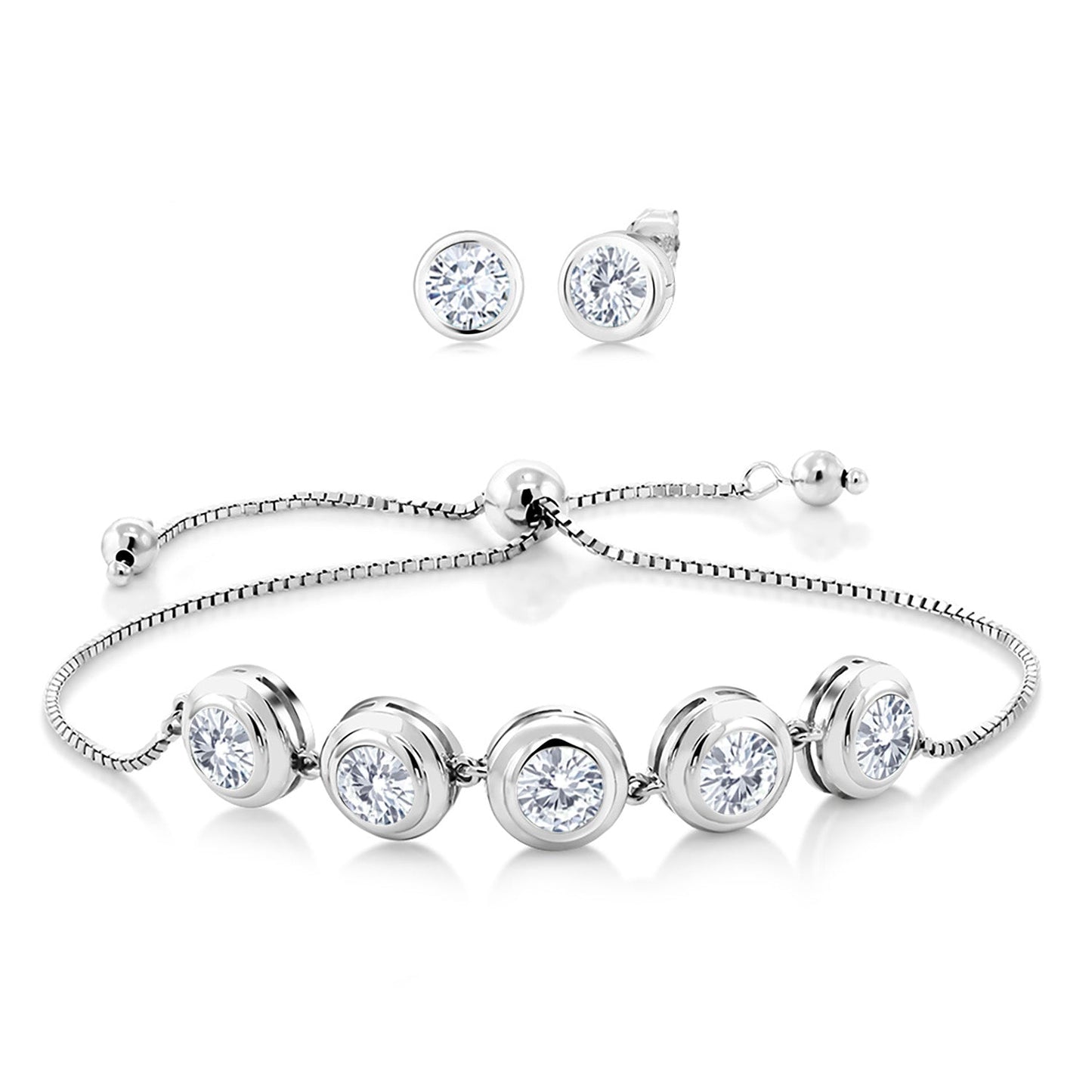 925 Sterling Silver Round Gemstone Birthstone Bracelet and Stud Earrings Jewelry Set For Women | Round 6MM | Adjustable Bolo Bracelet For Women | Easy-On Easy-Off