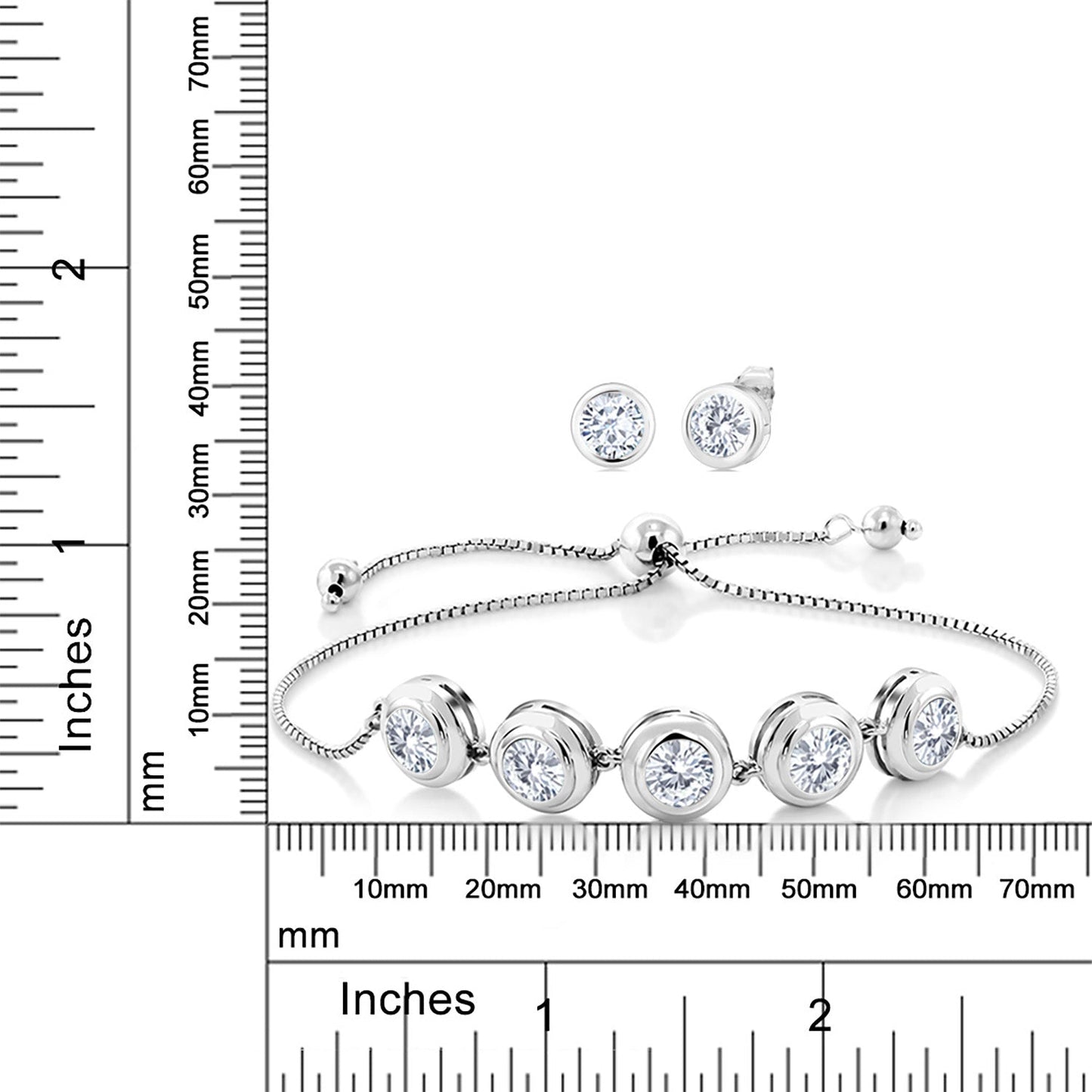 925 Sterling Silver Round Gemstone Birthstone Bracelet and Stud Earrings Jewelry Set For Women | Round 6MM | Adjustable Bolo Bracelet For Women | Easy-On Easy-Off