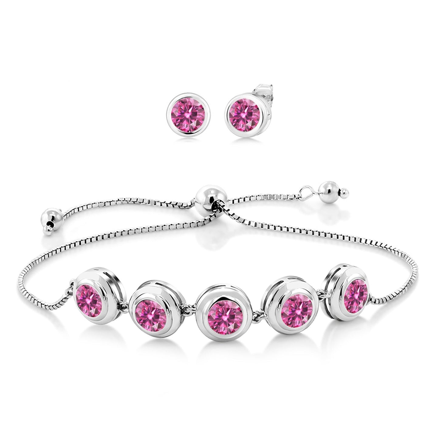 925 Sterling Silver Round Gemstone Birthstone Bracelet and Stud Earrings Jewelry Set For Women | Round 6MM | Adjustable Bolo Bracelet For Women | Easy-On Easy-Off
