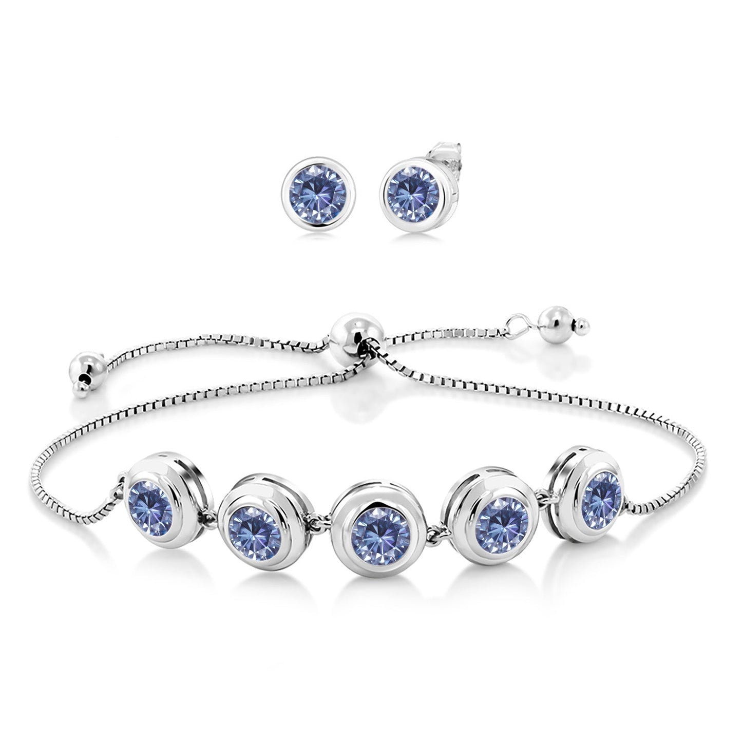 925 Sterling Silver Round Gemstone Birthstone Bracelet and Stud Earrings Jewelry Set For Women | Round 6MM | Adjustable Bolo Bracelet For Women | Easy-On Easy-Off