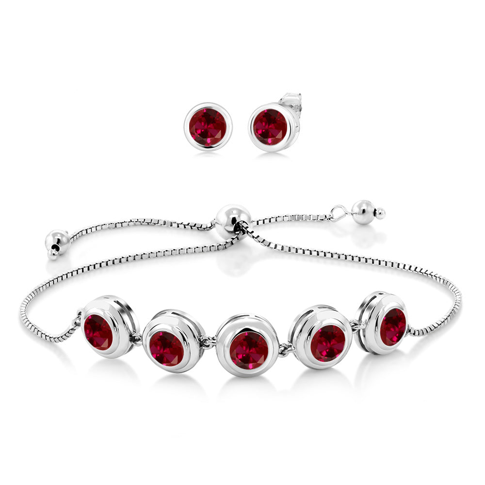 925 Sterling Silver Round Gemstone Birthstone Bracelet and Stud Earrings Jewelry Set For Women | Round 6MM | Adjustable Bolo Bracelet For Women | Easy-On Easy-Off