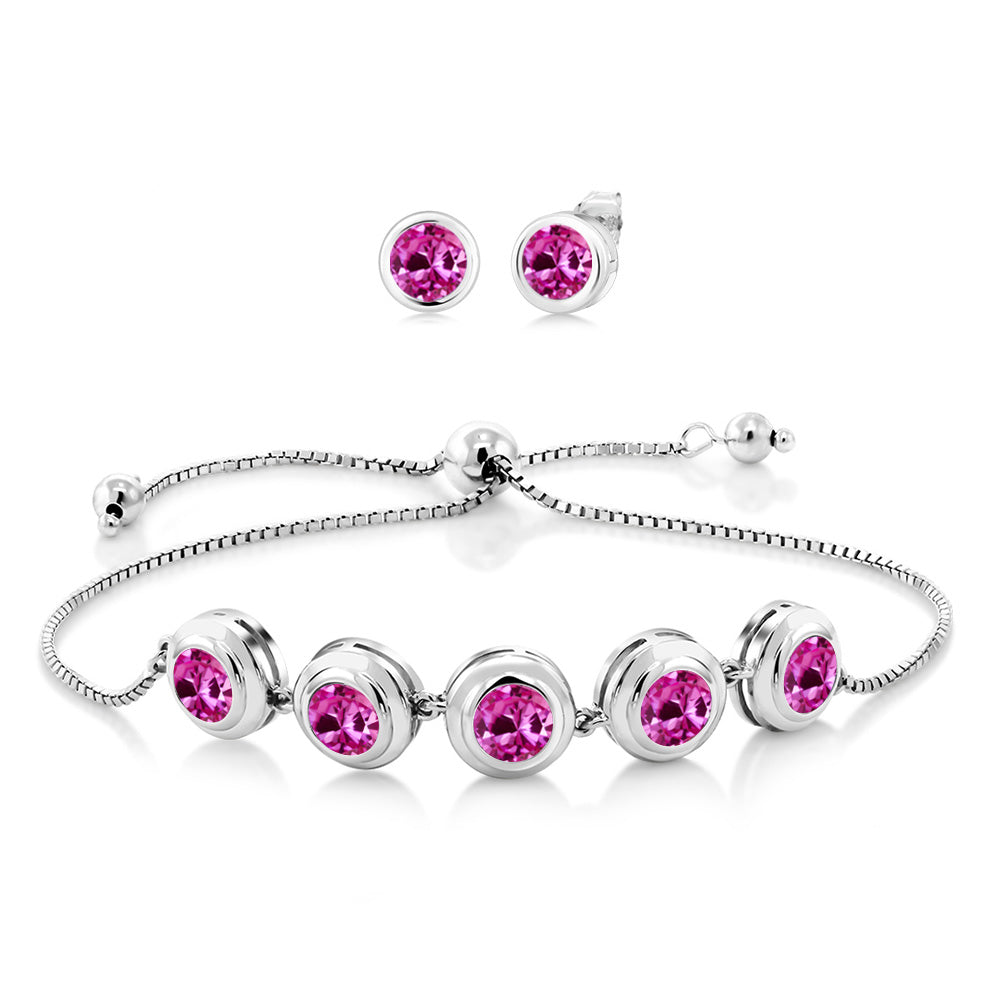 925 Sterling Silver Round Gemstone Birthstone Bracelet and Stud Earrings Jewelry Set For Women | Round 6MM | Adjustable Bolo Bracelet For Women | Easy-On Easy-Off